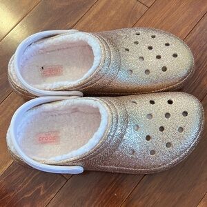 Rose Gold sparkly fuzzy crocs. Barely worn.